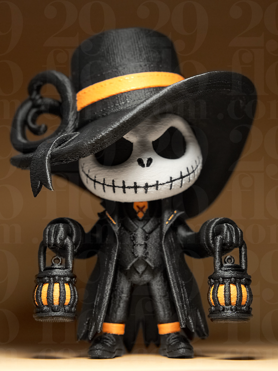 Jack Skellington Halloween Minifigure Sculpture — front three-quarter view showing white skull face with stitched smile, wide-brim black top hat with orange band and gothic curl, long black frock coat with orange collar lace, and dual glowing orange lanterns in outstretched hands