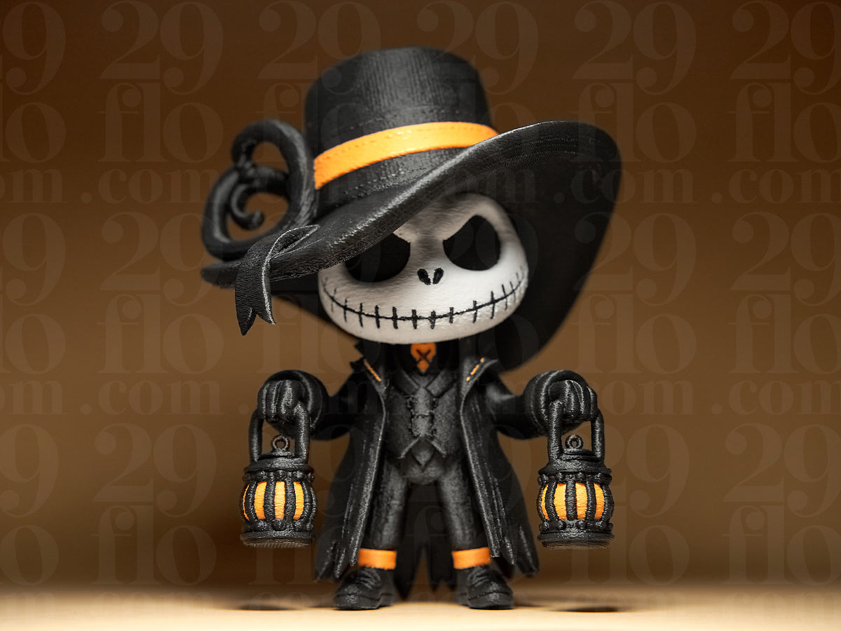 Jack Skellington Halloween Minifigure Sculpture — side profile view showing wide hat brim sweep, skull face turned slightly forward, black frock coat full length and single orange lantern in outstretched hand