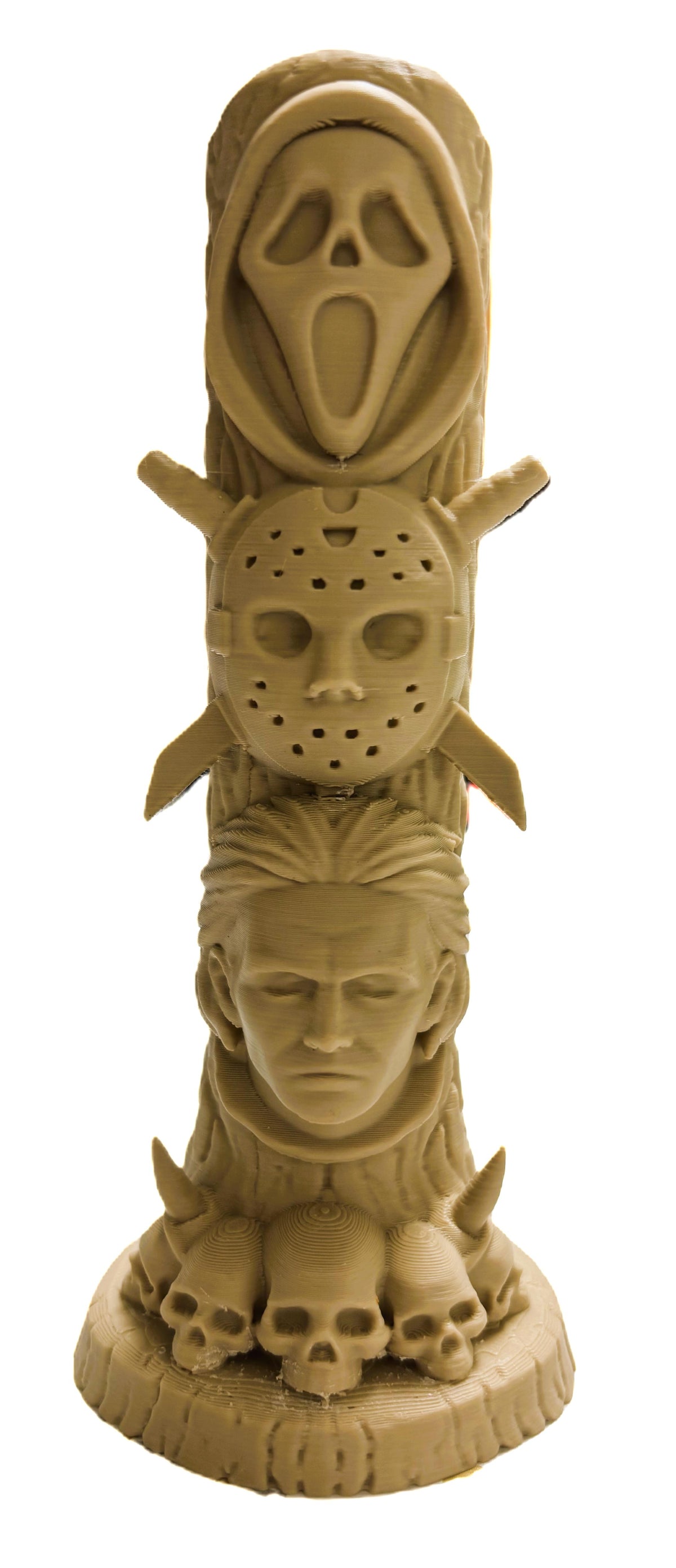 Horror Legends Totem Pole Sculpture in warm tan — front view showing Ghostface mask at crown, Jason Voorhees hockey mask at centre and horror figure below on skull base