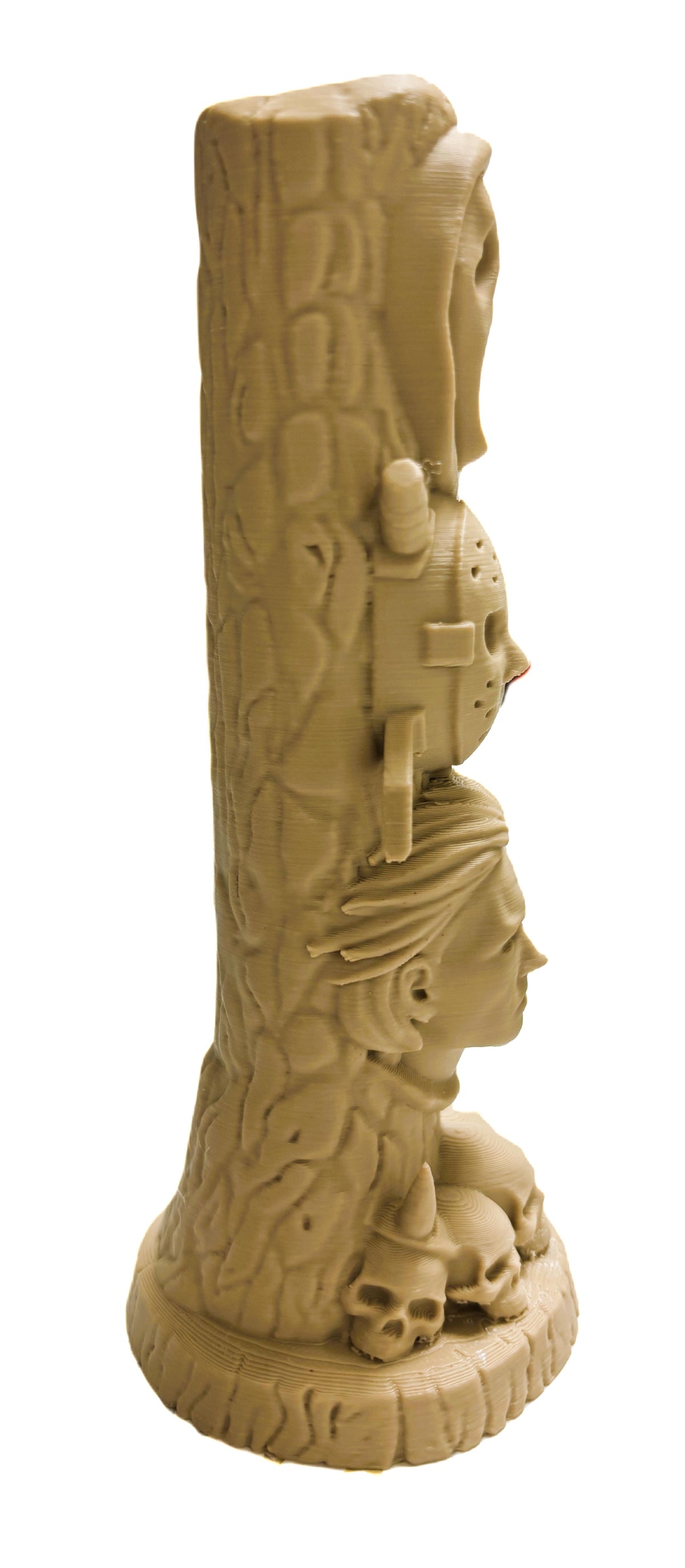 Horror Legends Totem Pole Sculpture in warm tan — right side profile showing full column height, bark texture relief, Ghostface arms, Jason mask and skull base cluster
