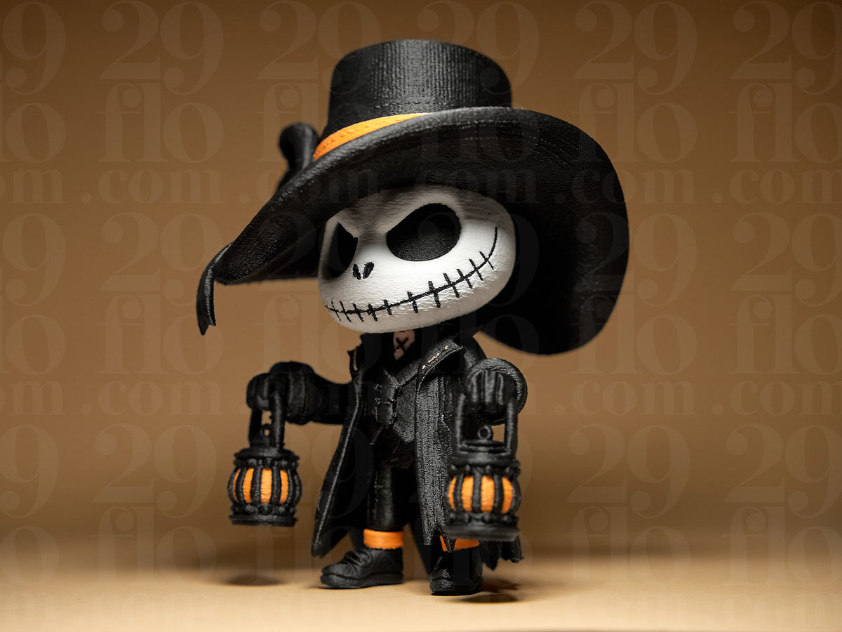 Jack Skellington Halloween Minifigure Sculpture — front close-up face variant showing skull face stitching detail, dark eye sockets with pupil dots, nasal aperture and orange collar lace