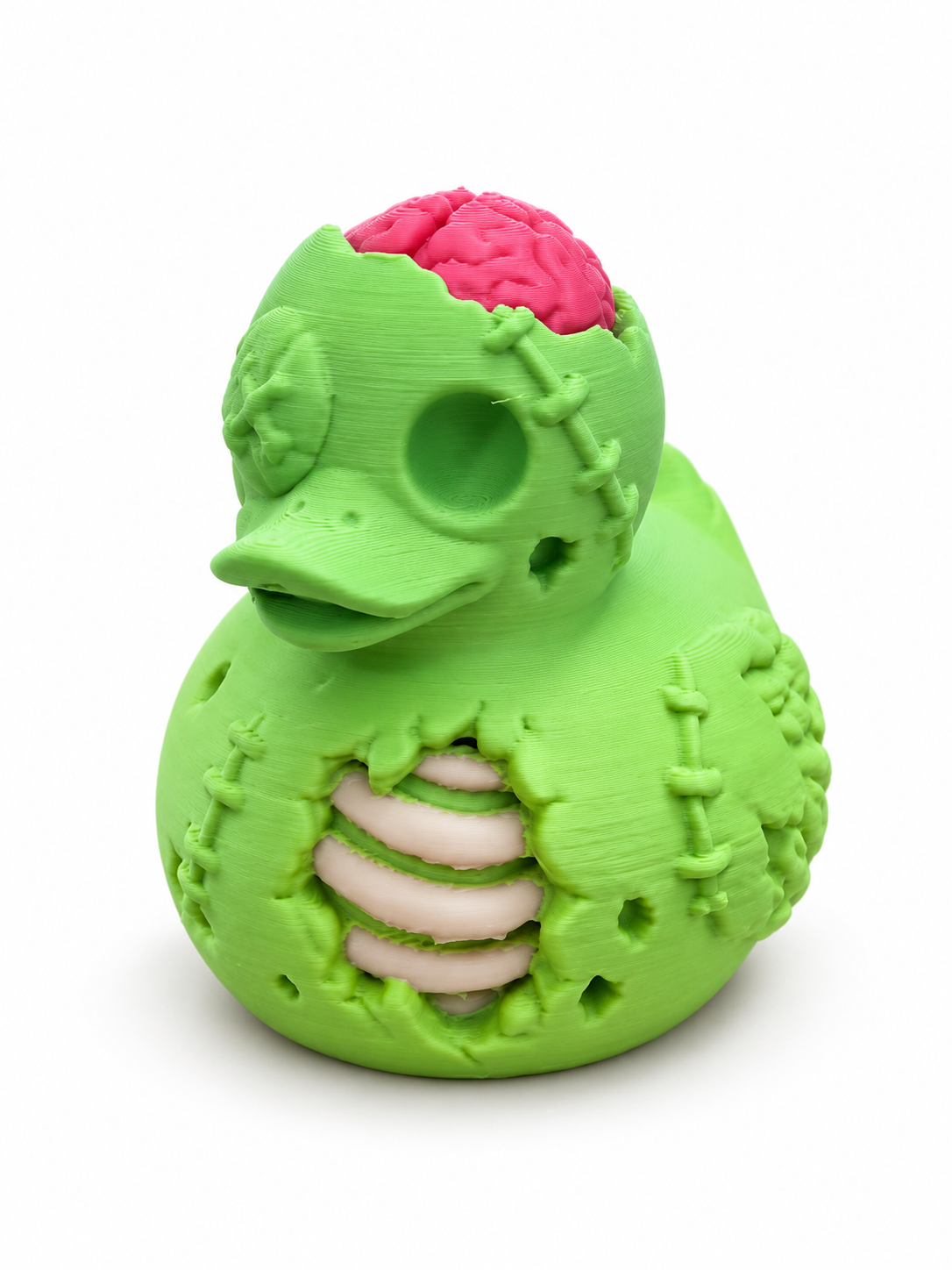 Green Zombie Jeep Duck side view with exposed pink brain