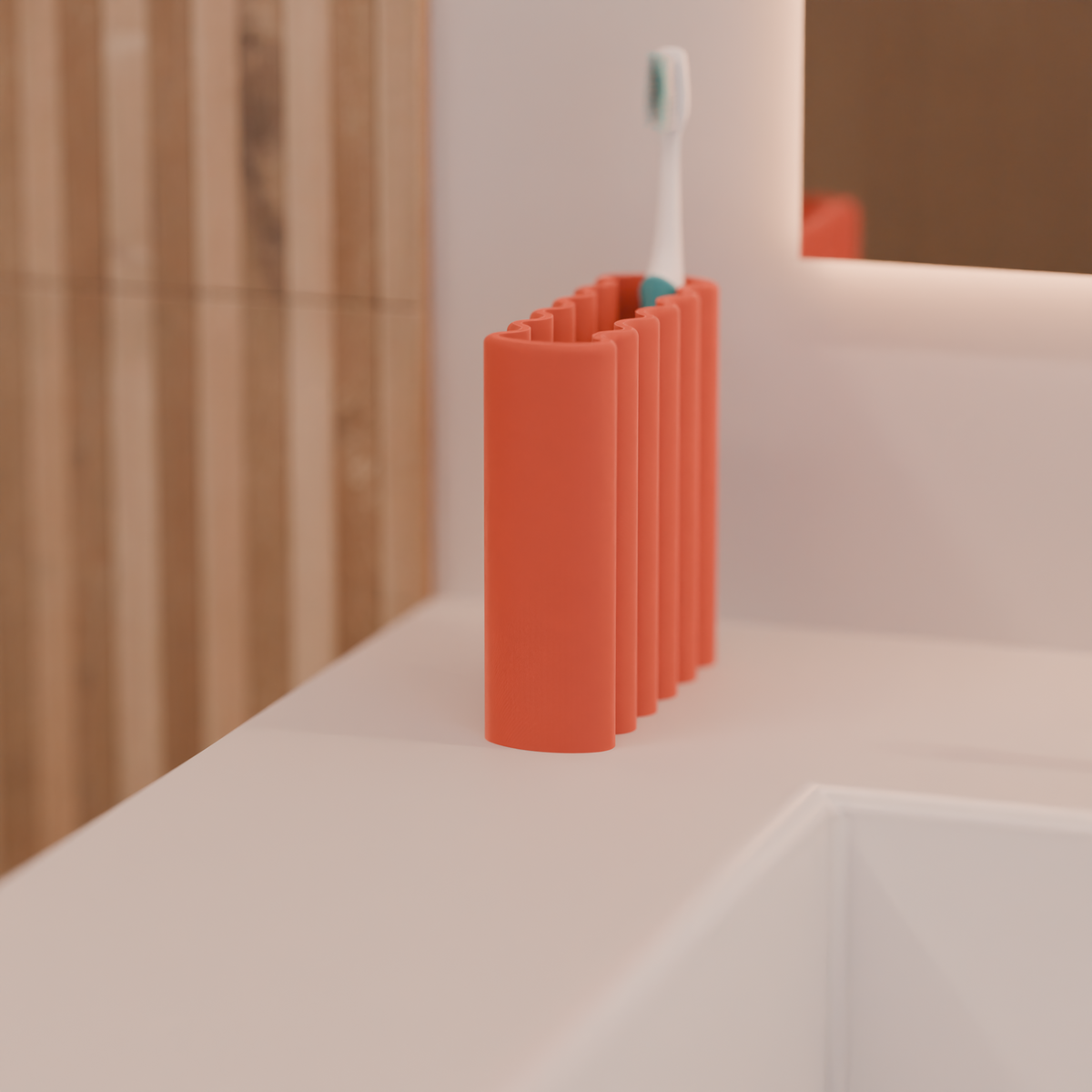 Ripple toothbrush holder render showing wavy ribbed form from front