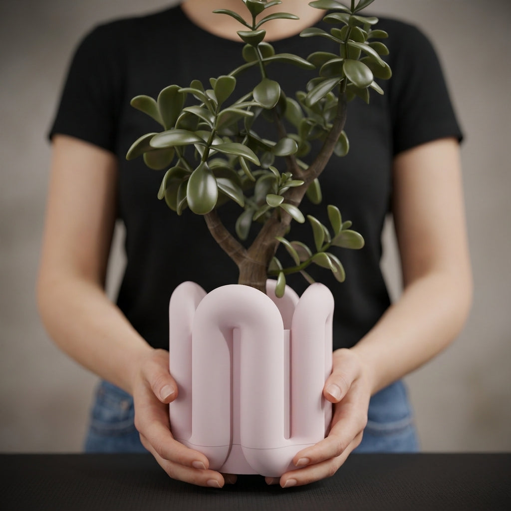 Wibble Aesthetic Two-Part Planter pink on marble with jade plant bright airy interior