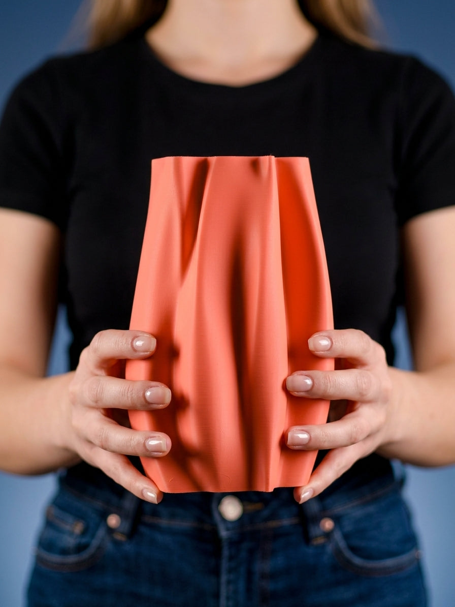 Elegant Organic Flow Vase orange flat lay on kraft paper with broken ceramic tiles and eucalyptus