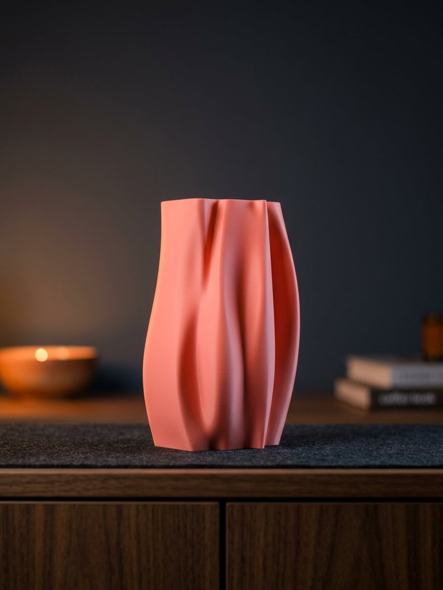 Elegant Organic Flow Vase coral pink on dark slate with monstera and gold reed stem moody editorial