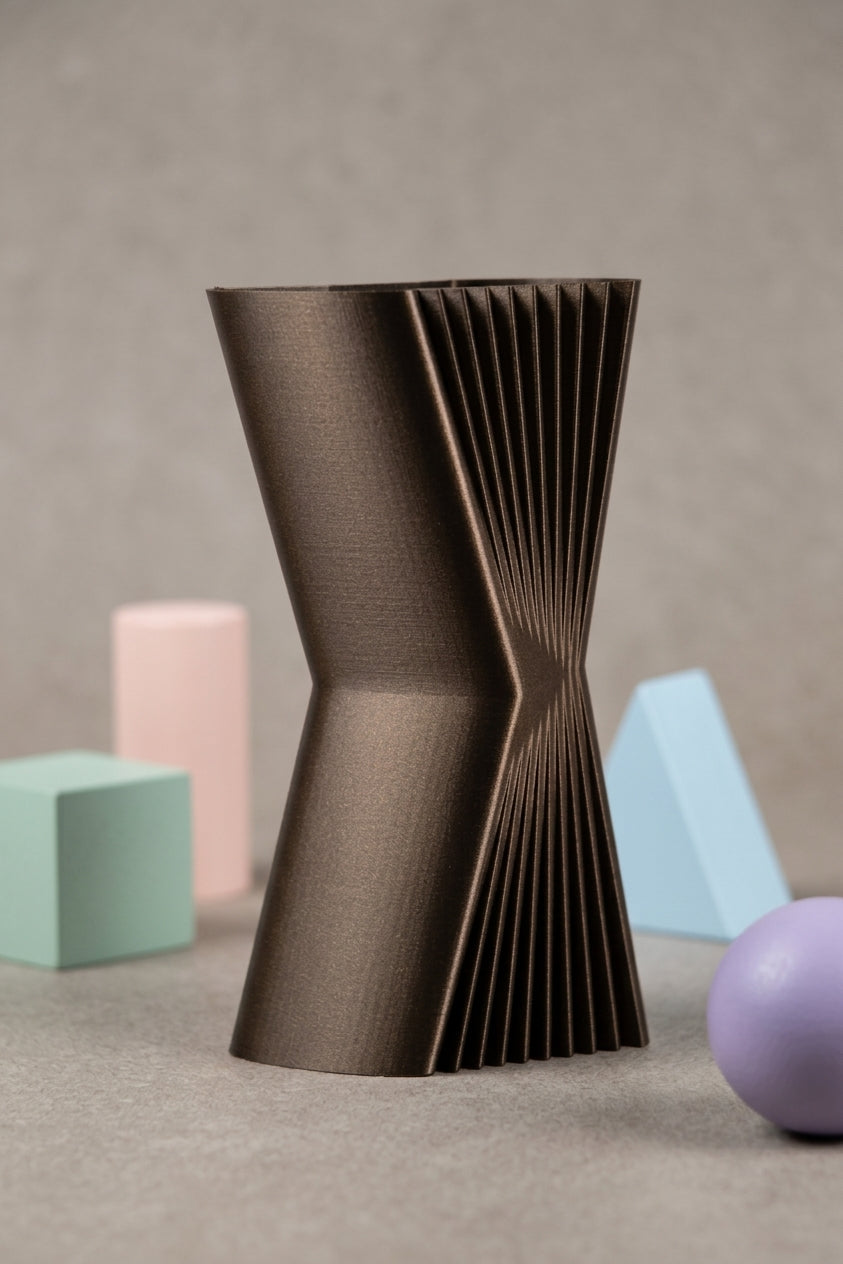 Elegant Angular Decorative Vase dark brown flatlay on kraft paper with eucalyptus and brass tray