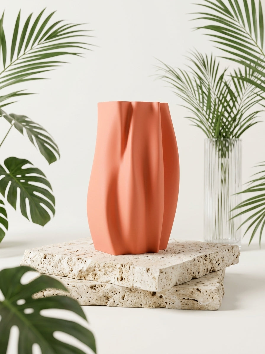 Elegant Organic Flow Vase pink on driftwood with pampas grass and glass bottle soft warm light