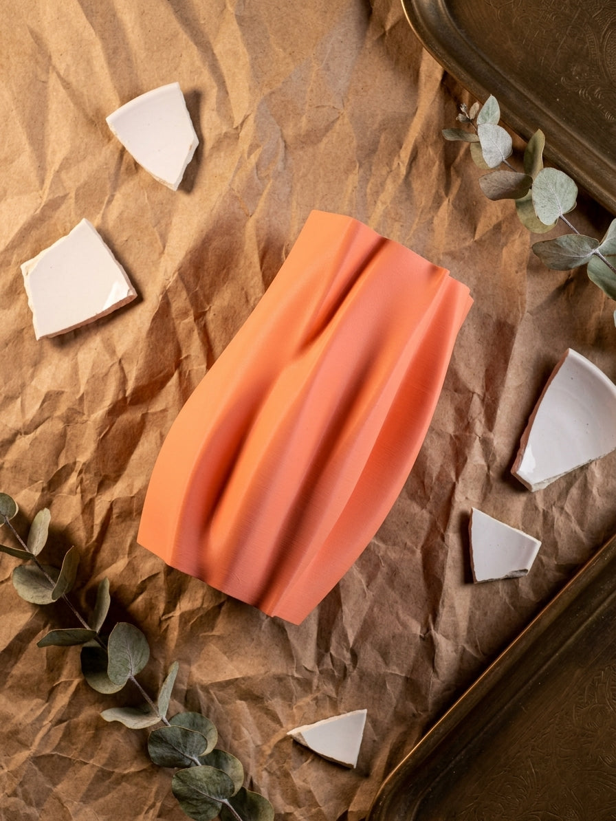 Elegant Organic Flow Vase orange floating among geometric shapes blue background editorial