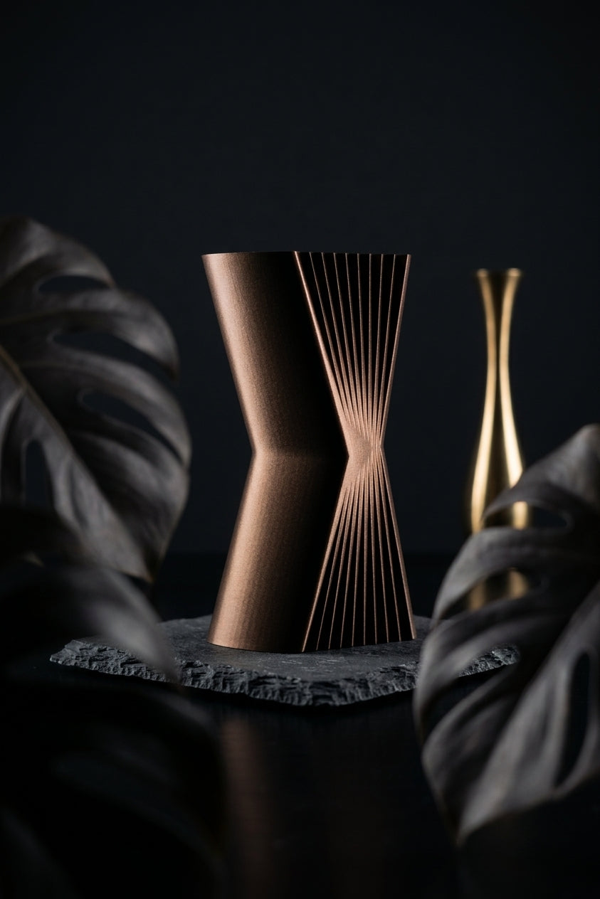 Elegant Angular Decorative Vase gold bronze on driftwood linen pampas grass warm Japandi lifestyle