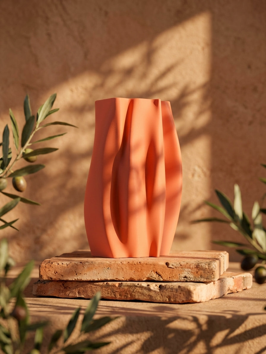 Elegant Organic Flow Vase orange on dark surface with pampas grass lifestyle product shot