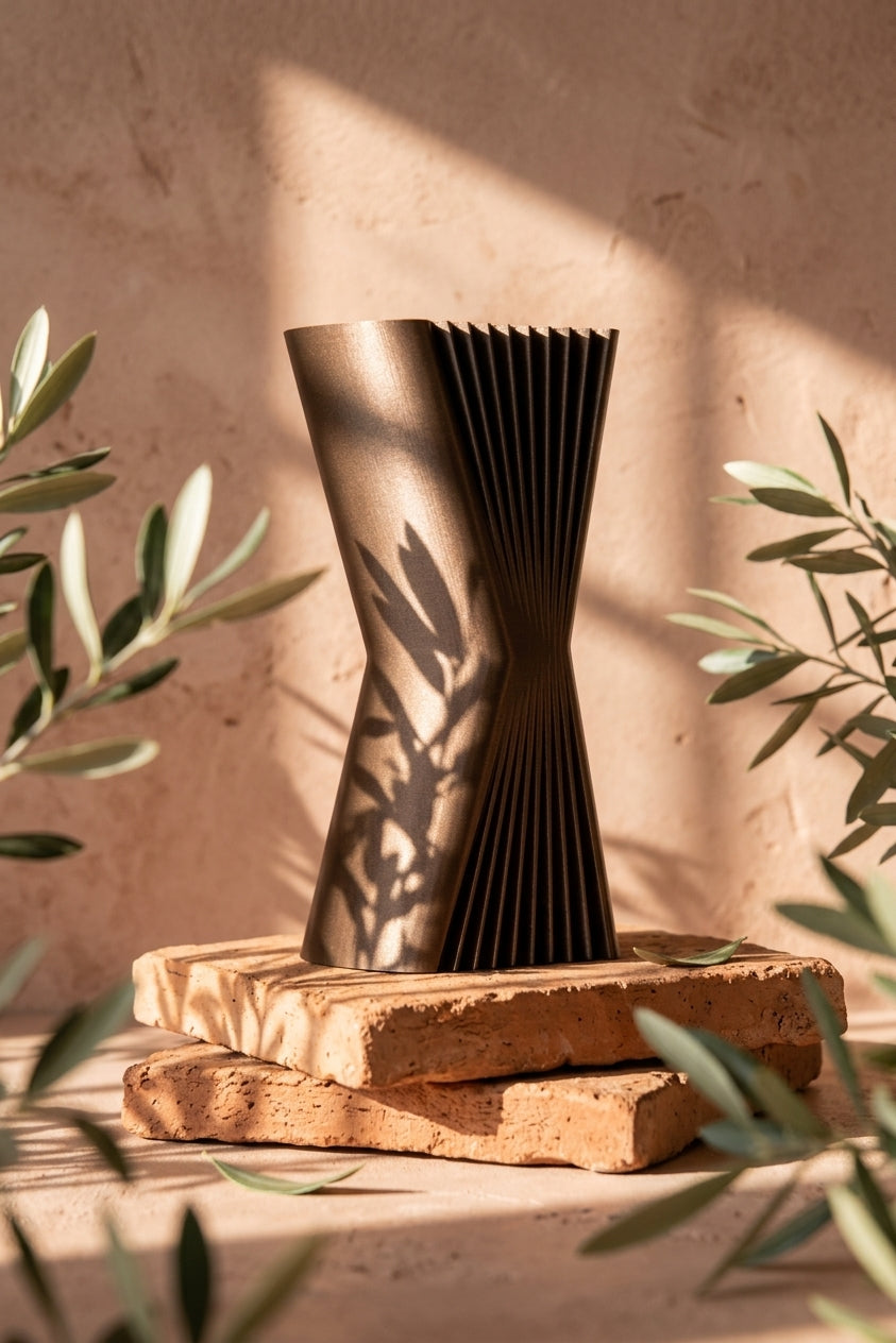 Elegant Angular Decorative Vase gold bronze floating blue background geometric props editorial