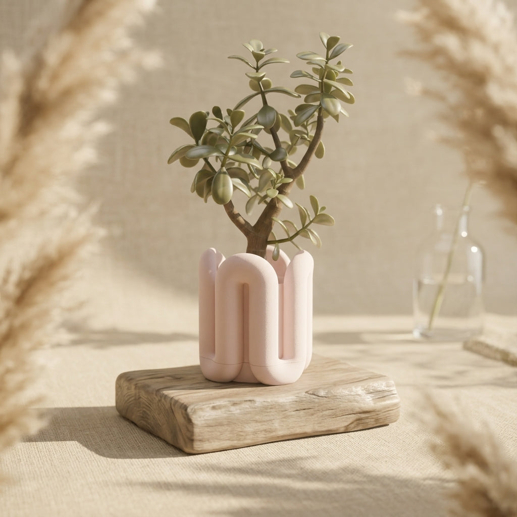 Wibble Aesthetic Two-Part Planter pink with jade plant and mini planter on dark background