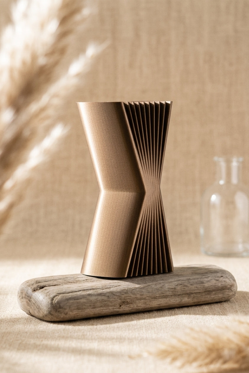 Elegant Angular Decorative Vase dark brown on dark textured base three quarter view dark background