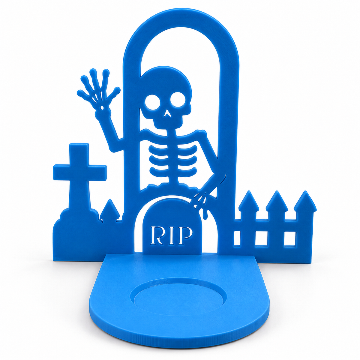 Blue graveyard shadow lamp front view with waving skeleton