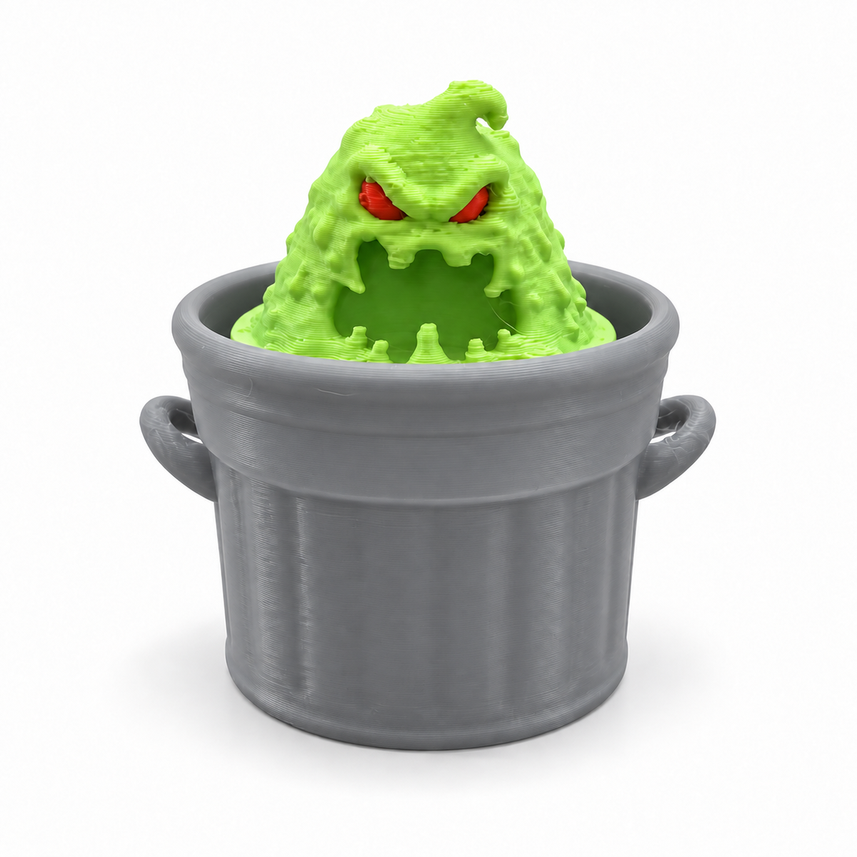 Green slime monster emerging from grey trash bin