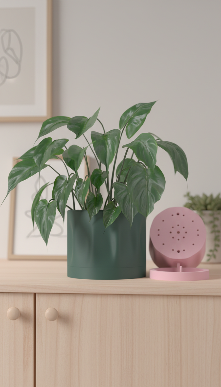 Modern Minimalist Planter dark green held in two hands person wearing light top dark black background dramatic editorial