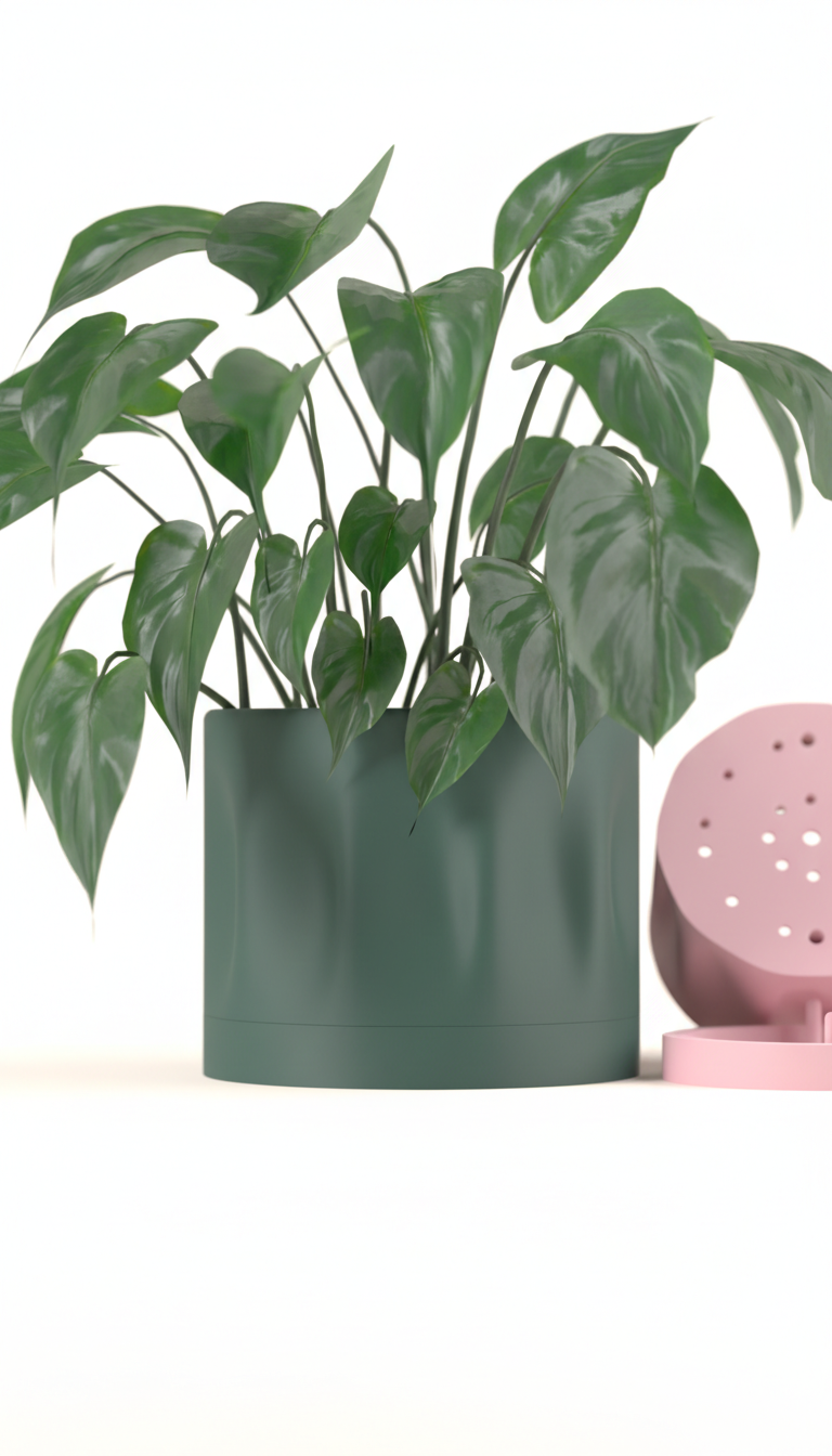 Modern Minimalist Planter dark green with lush green plant floating surrounded by geometric cubes pyramid shapes sage peach background render