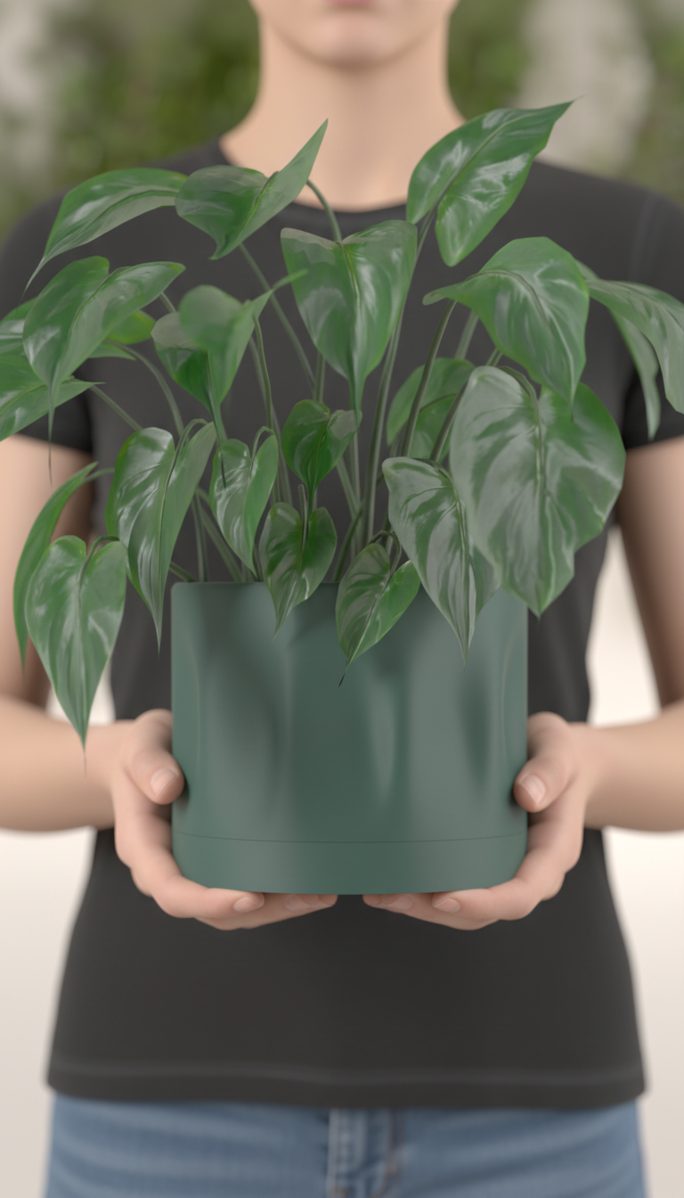 Modern Minimalist Planter dark green with lush green plant beside pink drainage base disc blurred greenery background lifestyle
