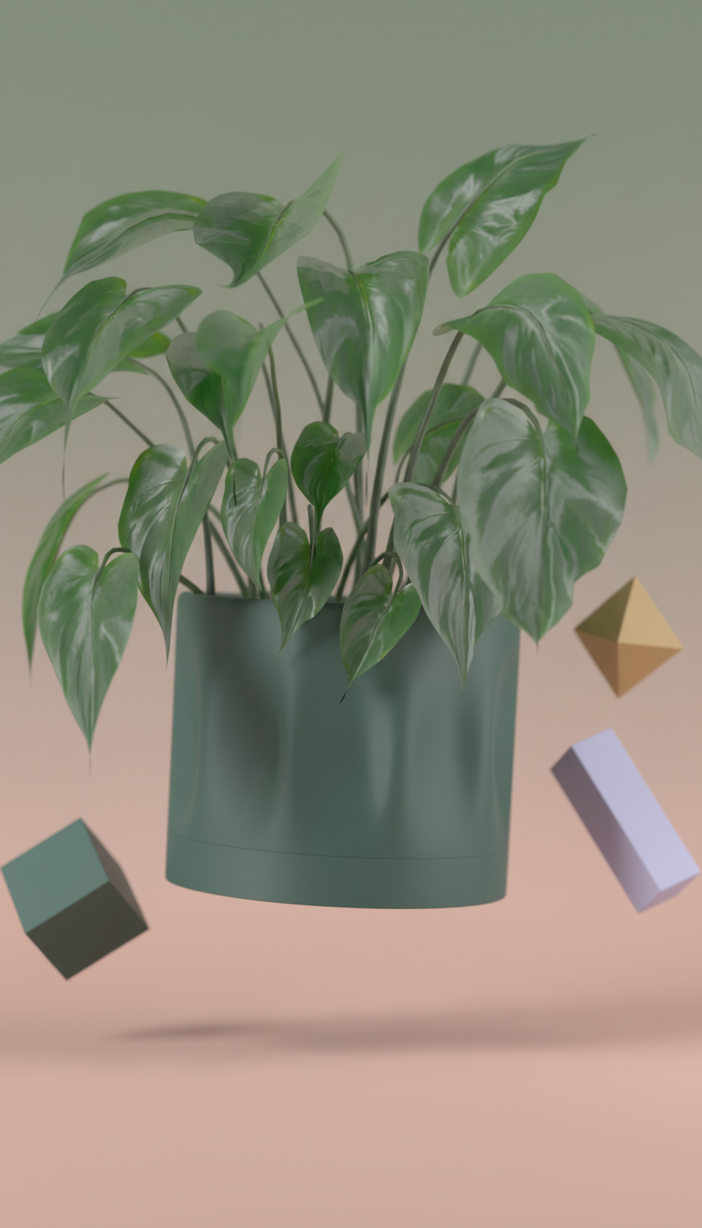 Modern Minimalist Planter dark green with lush plant beside pink drainage disc lid open lifestyle blurred greenery background