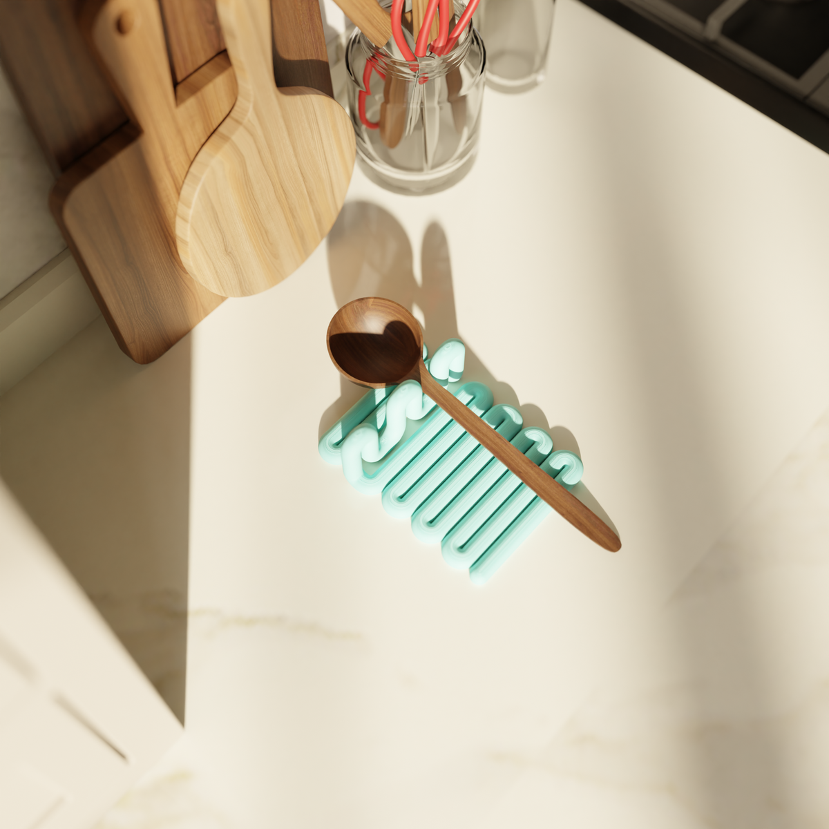 Wibble Kitchen Utensil Holder Tray mint green wooden spoon on dark background moody editorial