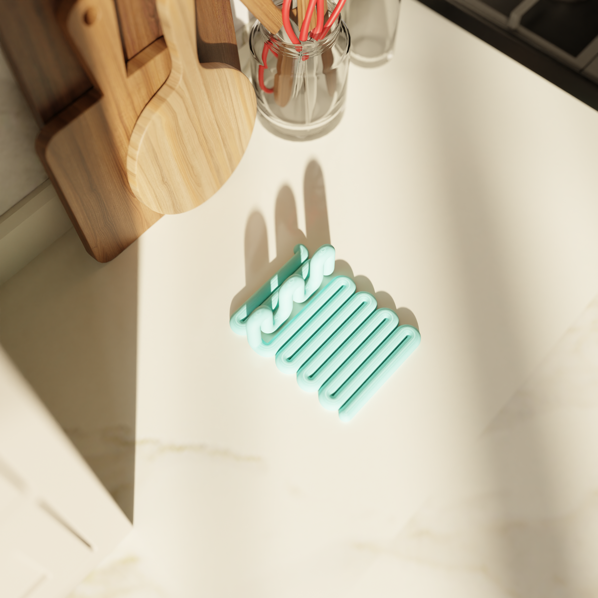 Wibble Kitchen Utensil Holder Tray mint green wooden spoon on white surface minimal product