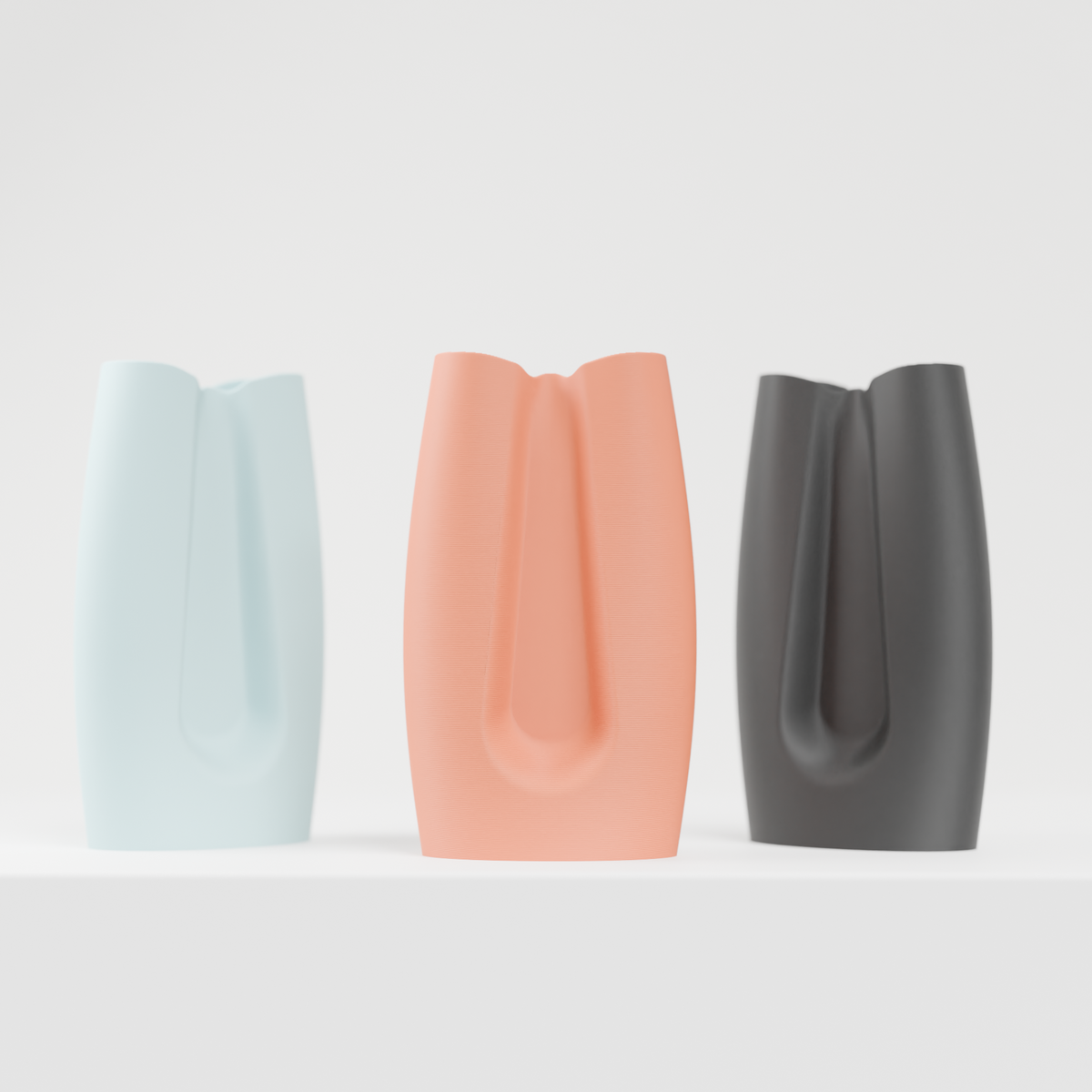 Modern Curved Minimalist Vase three colours peach blue grey on white shelf clean background