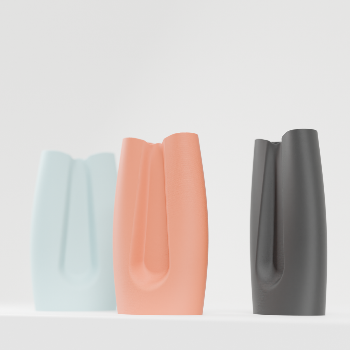 Modern Curved Minimalist Vase three colours peach blue grey on white shelf side angle