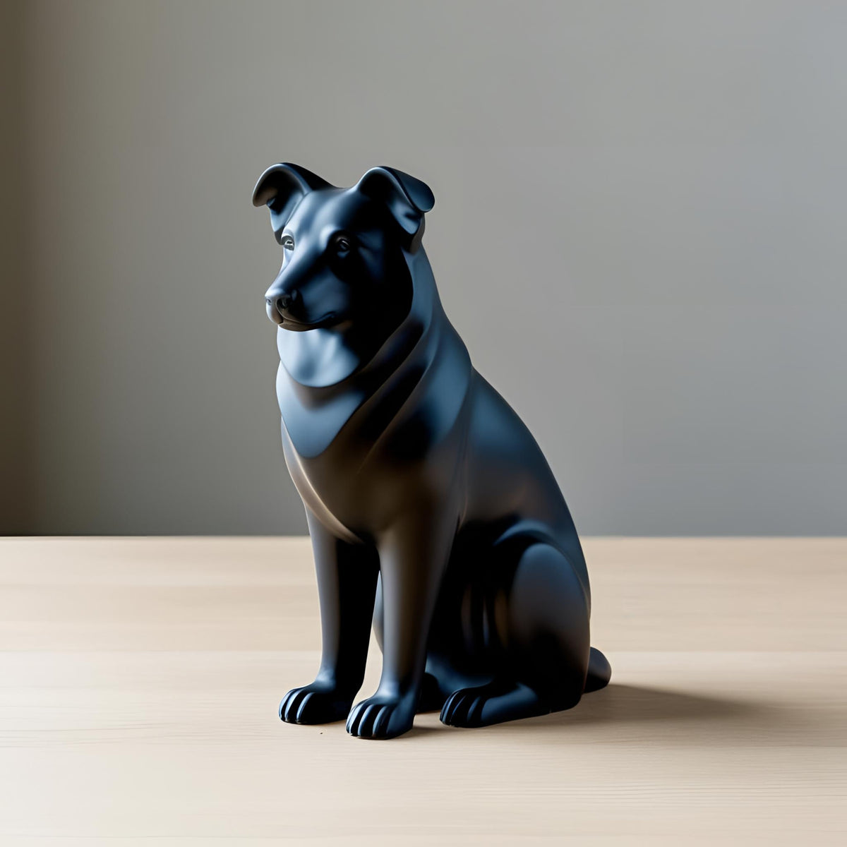 Black minimalist Australian Shepherd dog sculpture on a light wooden table