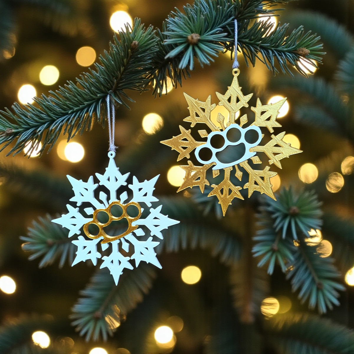 Bad Snowflake pair flat lay on dark wood - overhead view