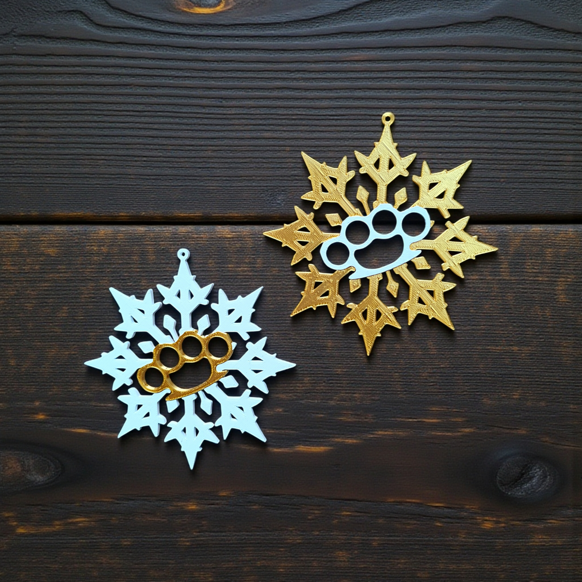 Bad Snowflake pair on wooden plank surface side by side