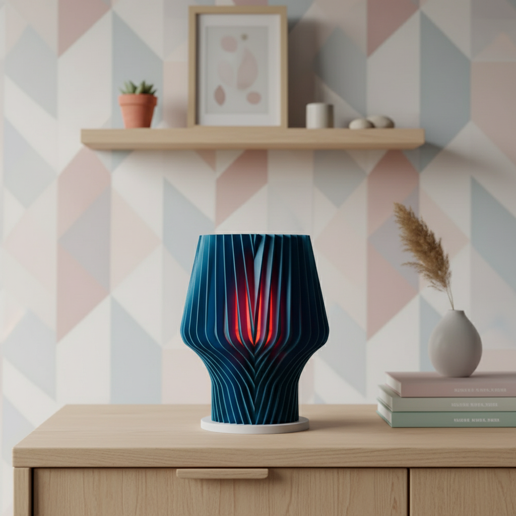 Beautiful Faceted Lamp teal ribbed chevron-wave body crimson red inner glow close up rib and chevron detail raking side light dark background