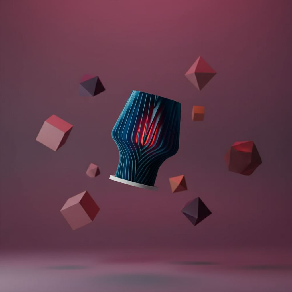 Beautiful Faceted Lamp teal ribbed chevron-wave body crimson red inner glow wide portrait plain background