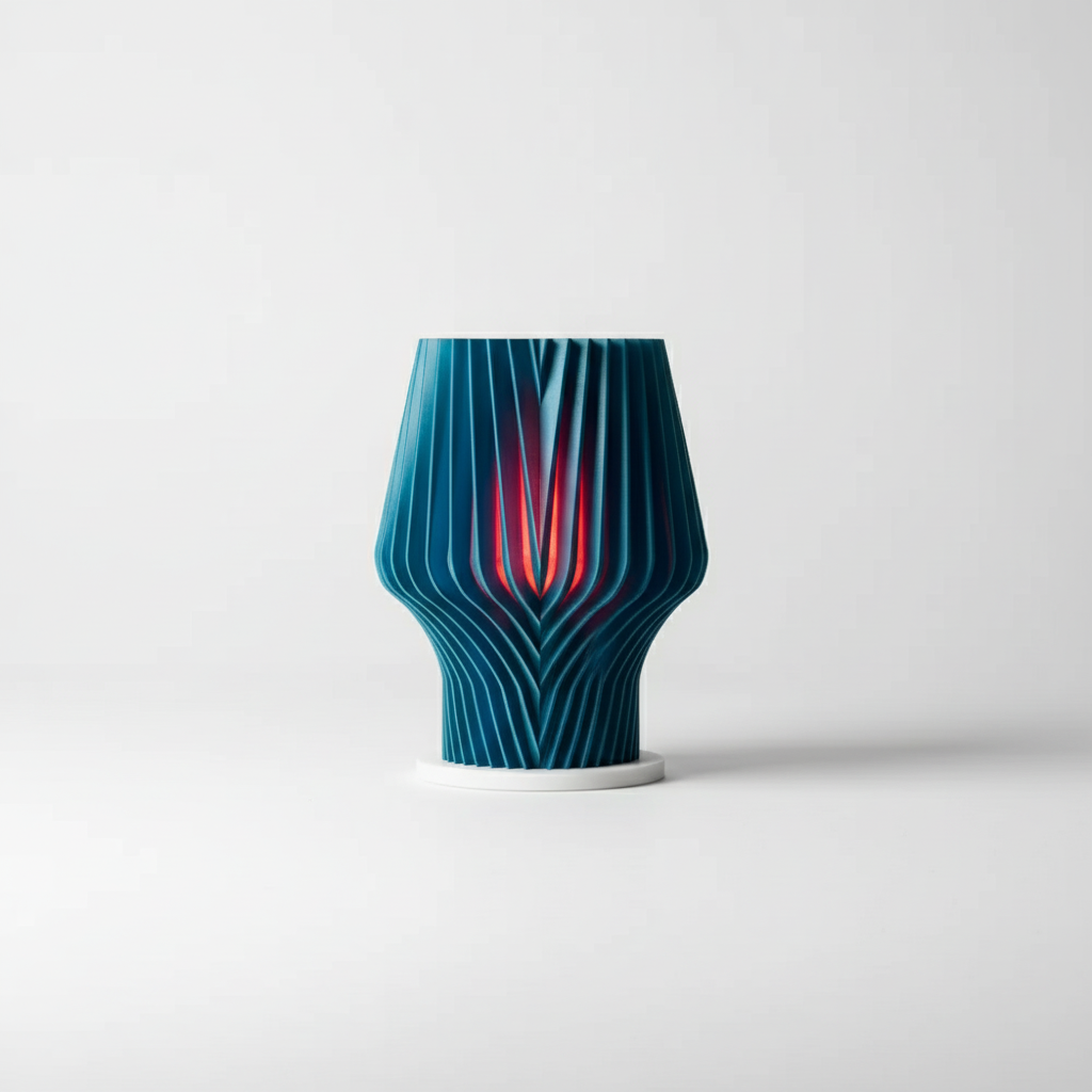 Beautiful Faceted Lamp teal ribbed chevron-wave body crimson red inner glow on dark walnut sideboard moody living room abstract artwork behind