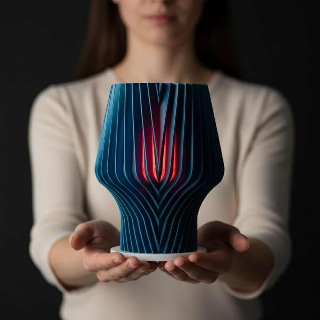 Beautiful Faceted Lamp teal ribbed chevron-wave body crimson red inner glow on pale oak sideboard beside succulent framed prints and fiddle leaf fig