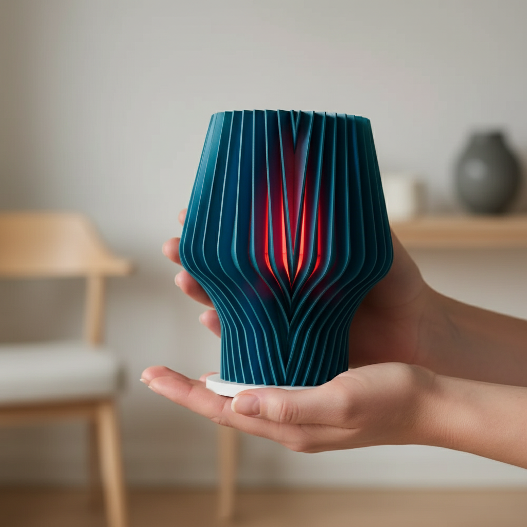 Beautiful Faceted Lamp teal ribbed chevron-wave body crimson red inner glow on pale oak shelf beside succulent and round cream vase geometric tile backdrop