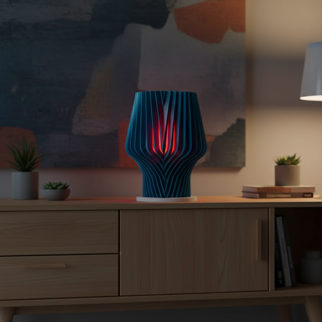 Beautiful Faceted Lamp teal ribbed chevron-wave body crimson red inner glow on pale oak sideboard pastel chevron wallpaper pampas grass white vase and stacked books