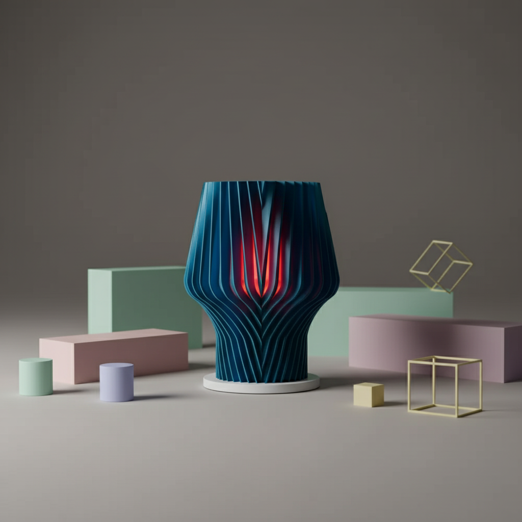 Beautiful Faceted Lamp teal ribbed chevron-wave body crimson red inner glow floating surrounded by red pink geometric polyhedra mauve background
