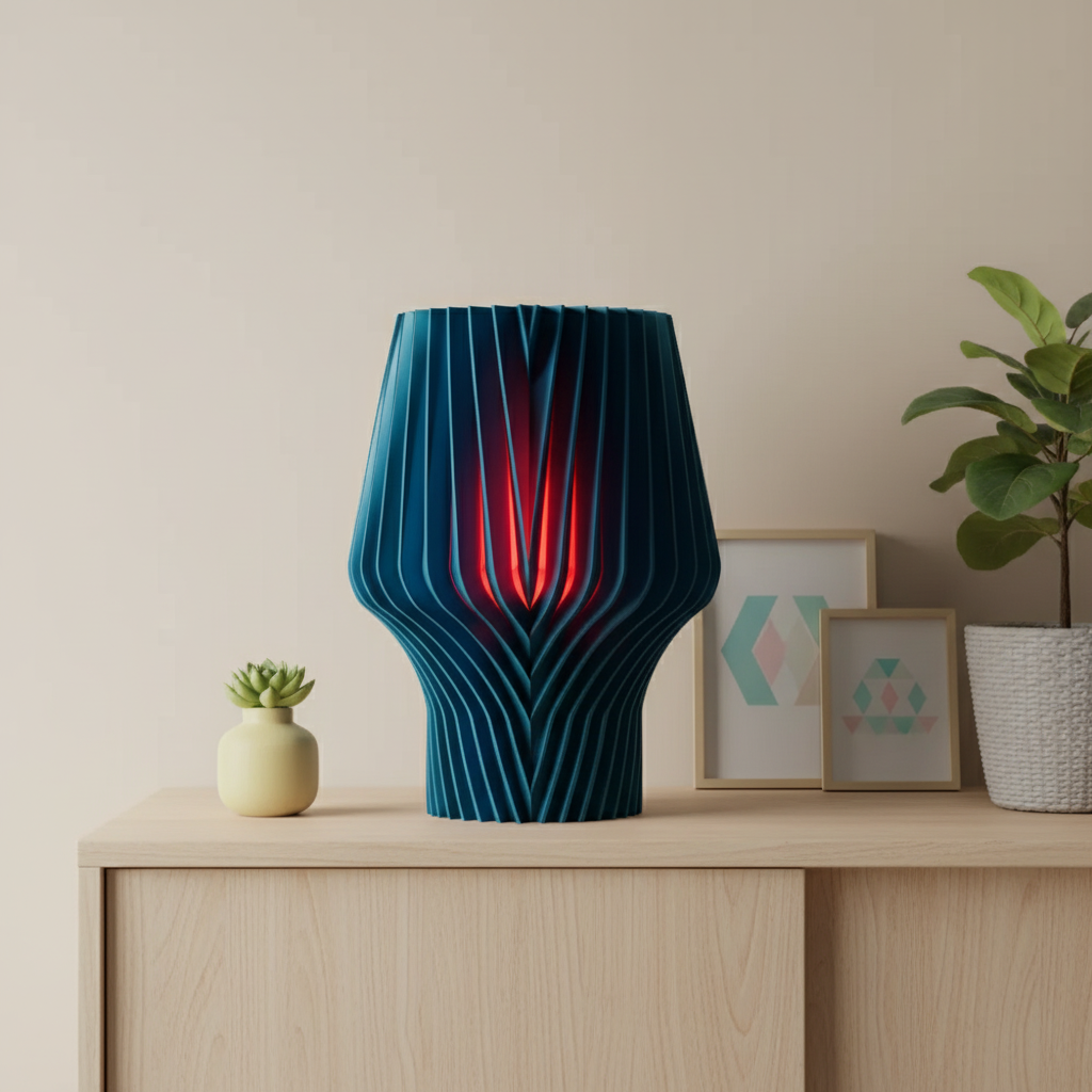 Beautiful Faceted Lamp teal ribbed chevron-wave body crimson red inner glow with pale pastel geometric shapes on warm grey background studio composition