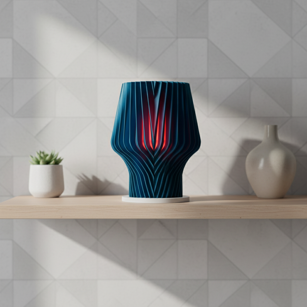 Beautiful Faceted Lamp teal ribbed chevron-wave body crimson red inner glow on warm oak sideboard with abstract painting behind evening atmosphere
