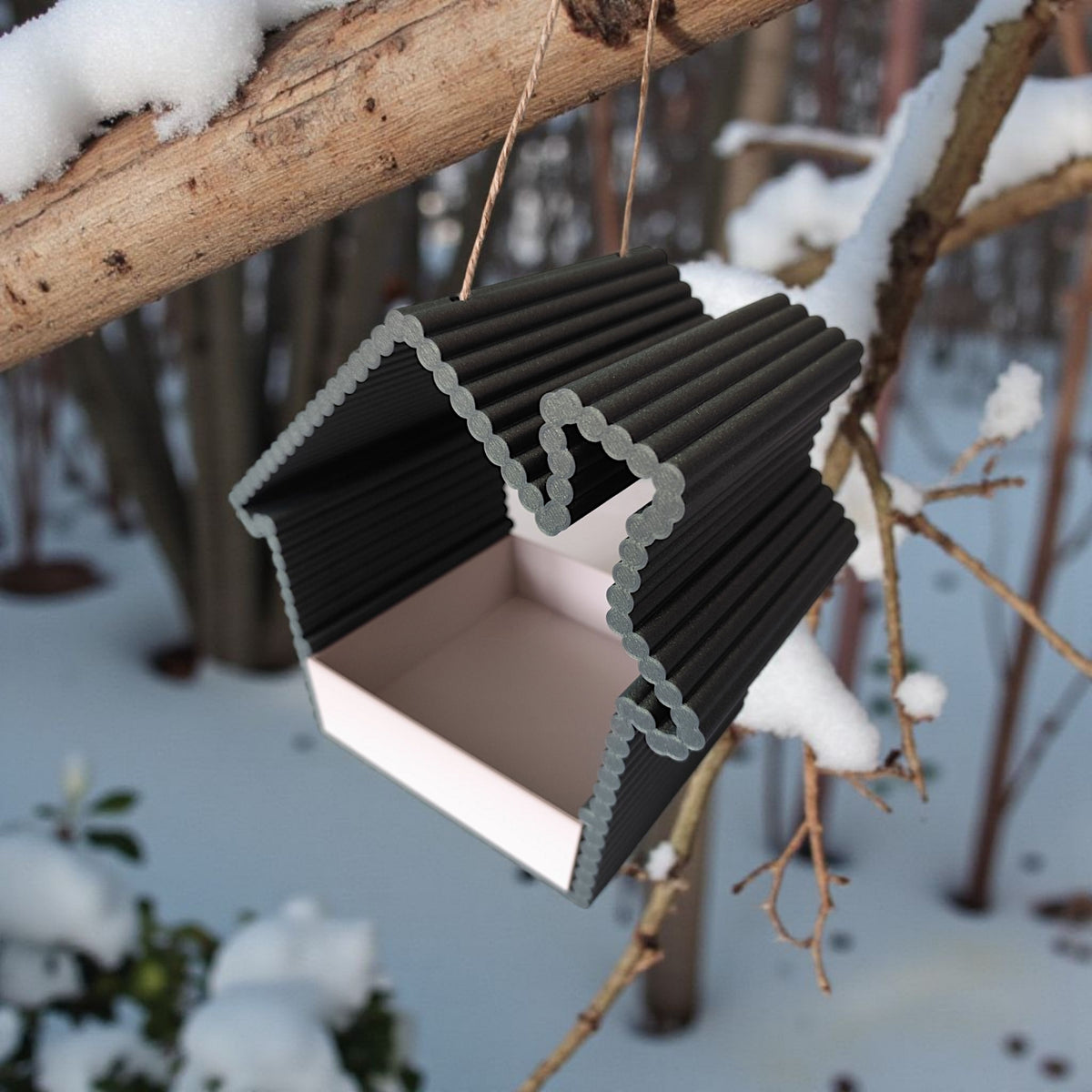 Black ribbed bird feeder hanging from snowy tree branch in winter woodland