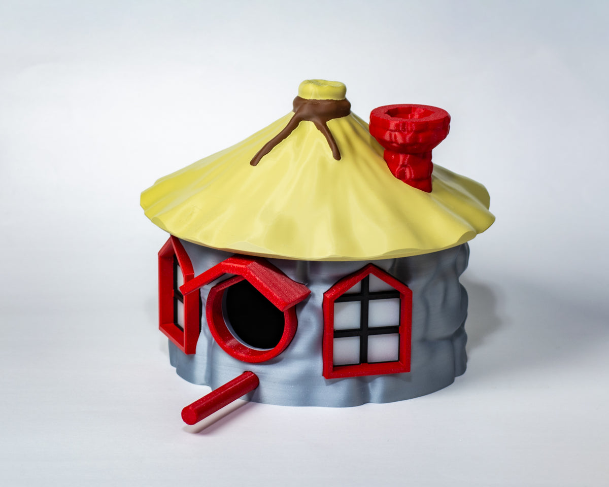 Storybook cottage birdhouse with yellow roof, grey body and red windows