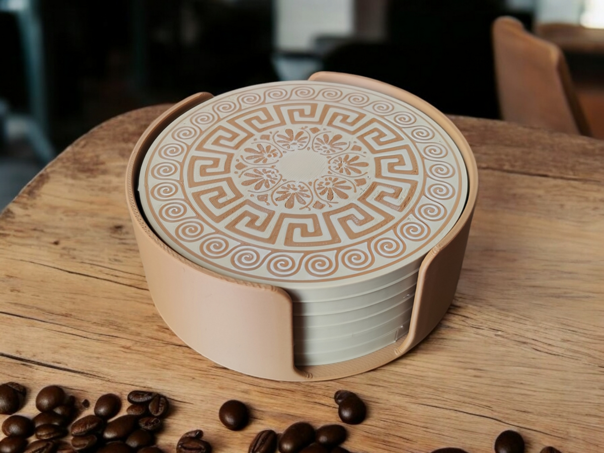 Greek Design Coaster Set with Holder