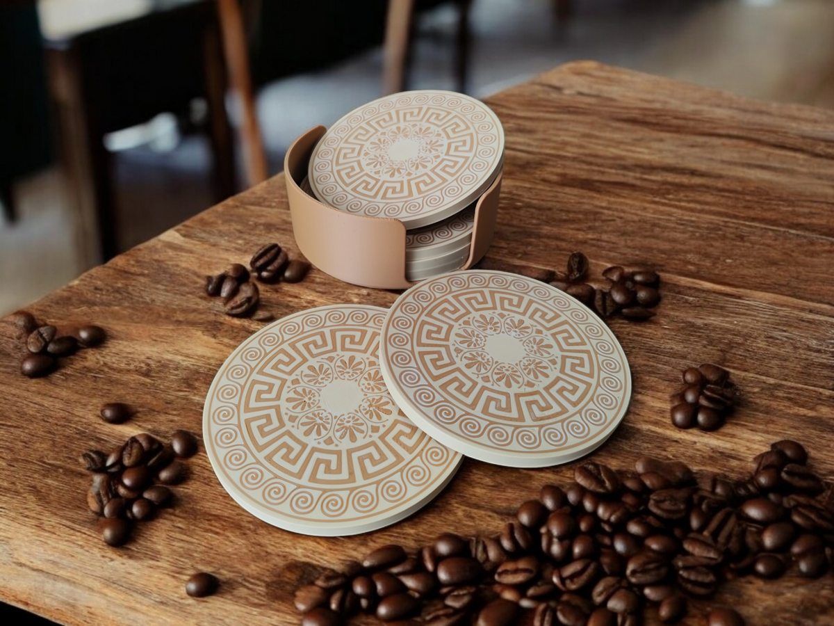 Greek Design Coaster Set with Holder
