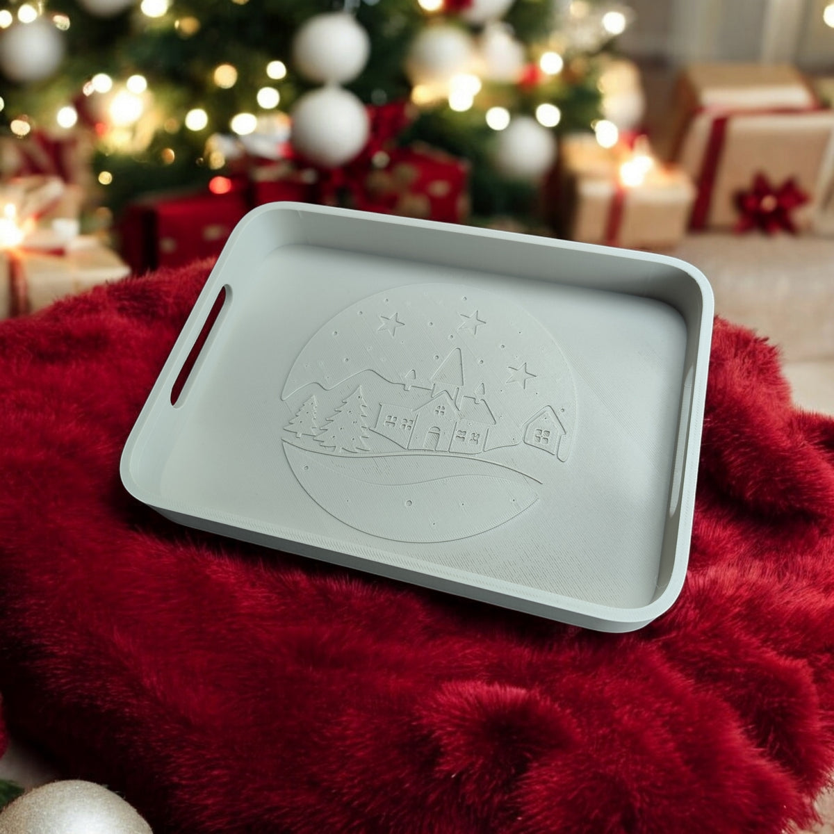 Winter village tray on rustic wooden table angle view white linen background