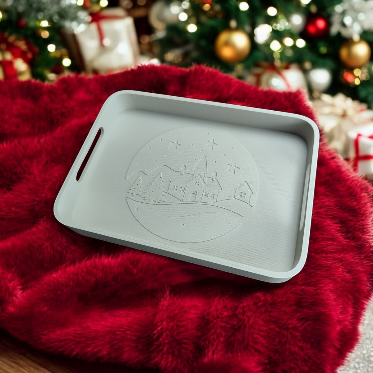 Winter village tray on rustic wooden table elevated angle