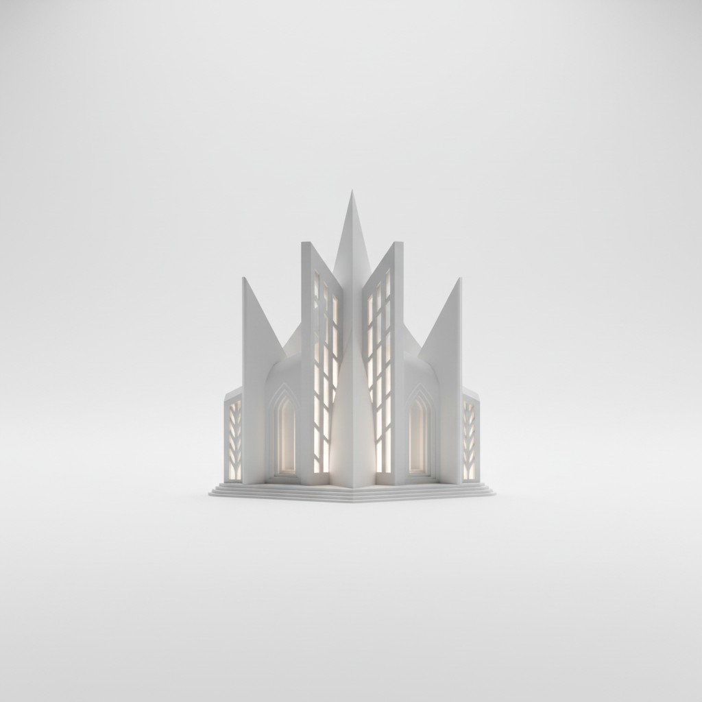 Gothic Cathedral Book Nook floating with geometric shapes, dark blue background