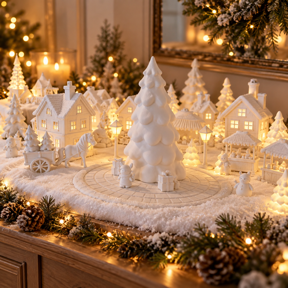 Expansive illuminated Christmas village arranged across a snowy landscape