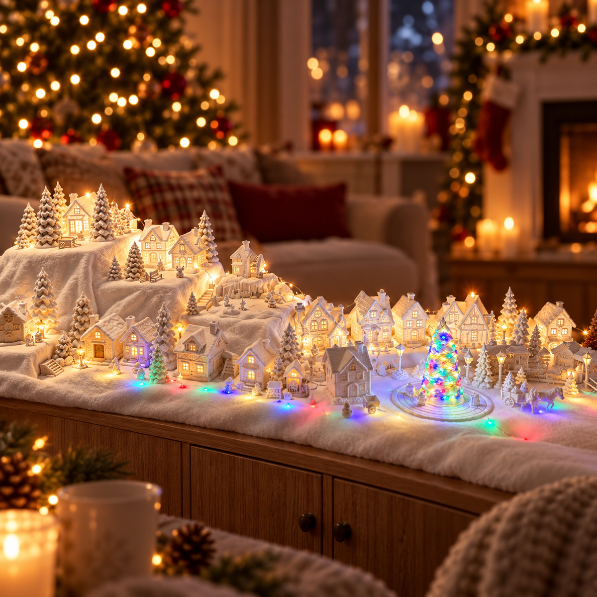 Miniature snowy village street with market stalls, glowing lampposts and a horse-drawn cart
