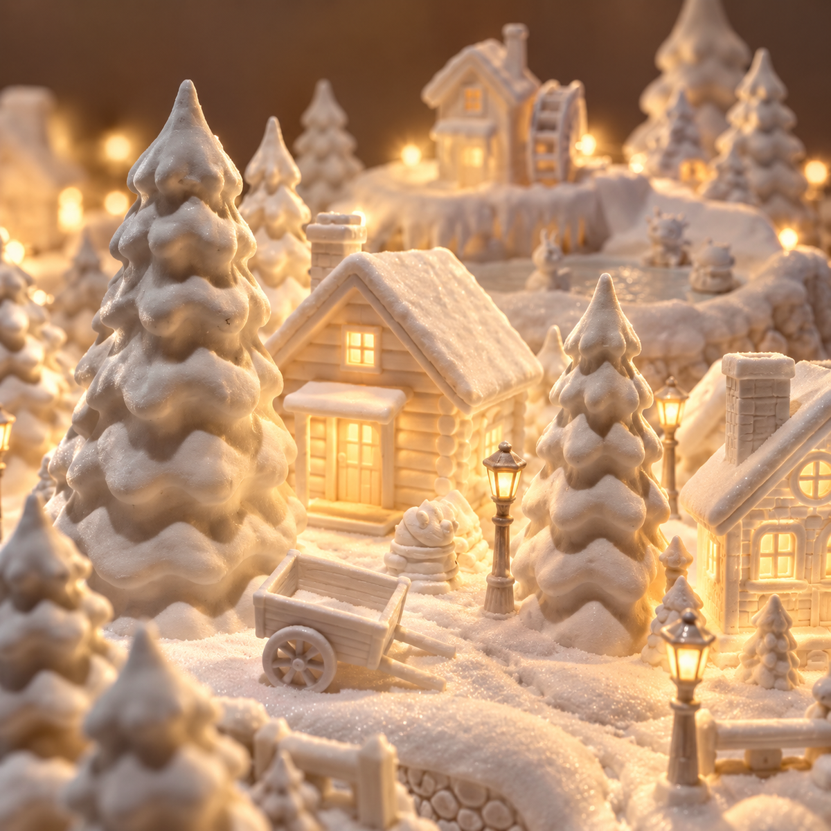 Snow-covered Christmas village set across raised terrain with cottages, trees and a bridge